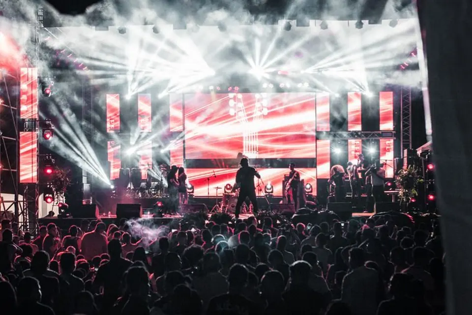 Crowd at a live concert under stage lights
