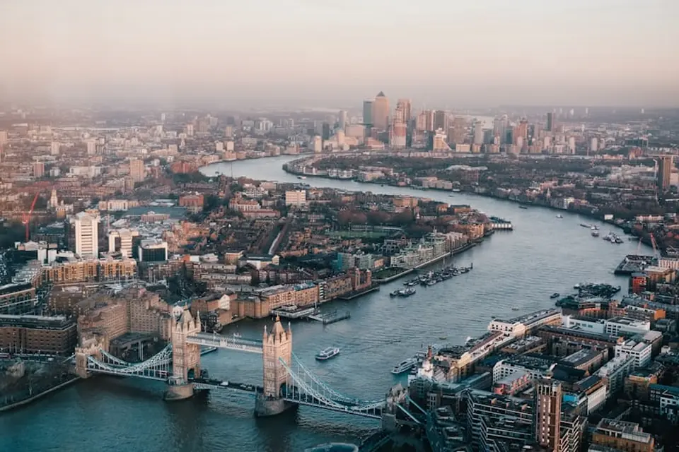 Aerial view of the Thames and Tower Bridge, London